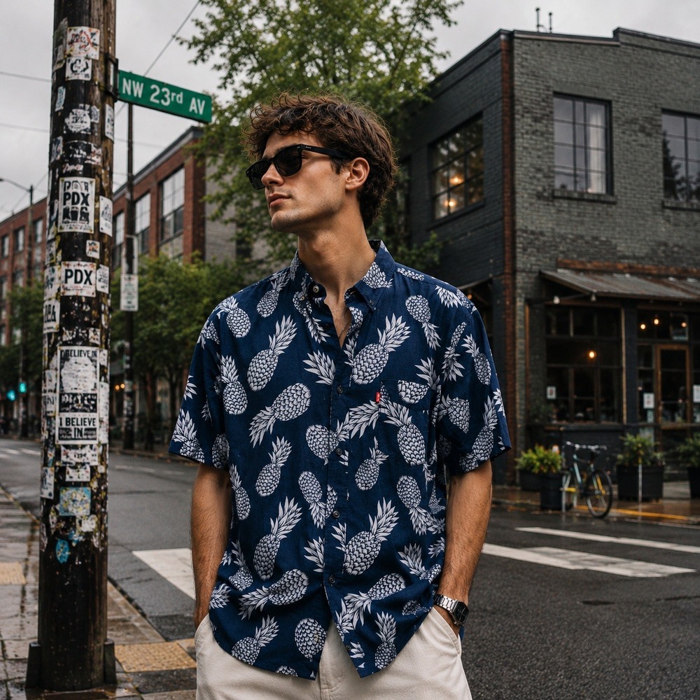 Levis Mens Pineapple Print Button Up Shirt Navy Blue Short Sleeve Cotton Large‎